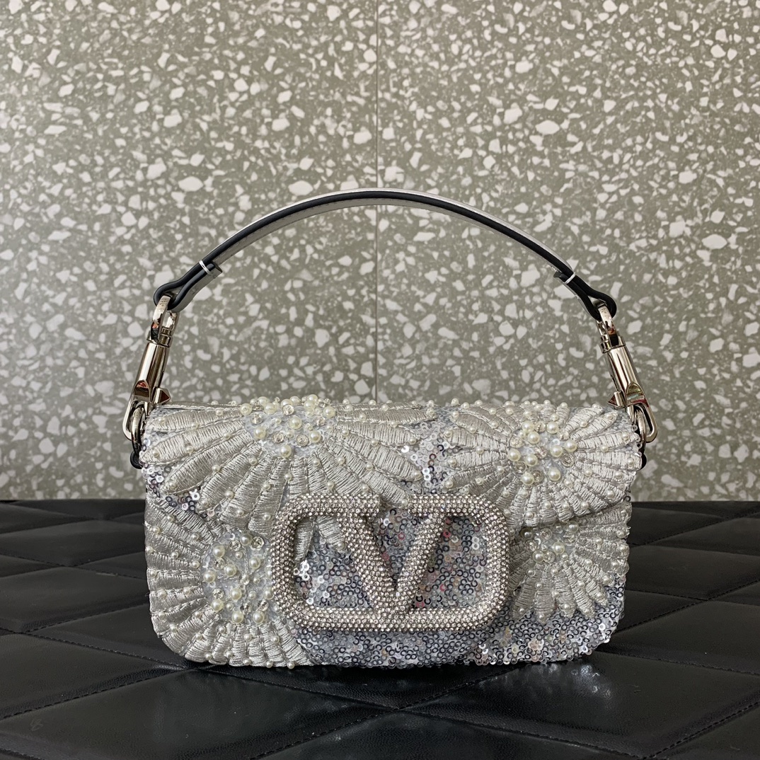 Valentino Garavani Loco Small Embroidered Shoulder Bag in Light Grey